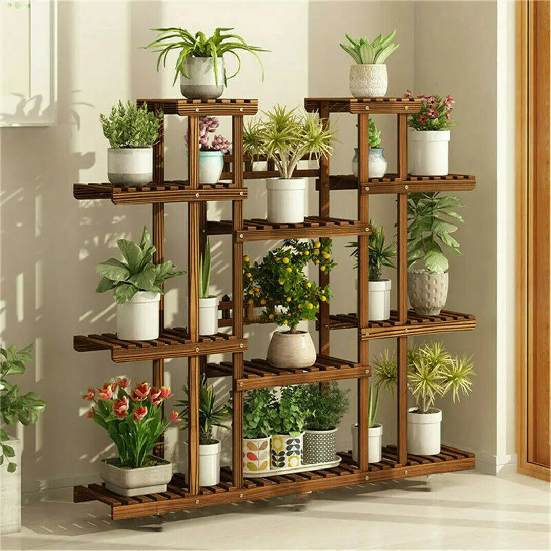 11 Tier Carbonized Wood Plant Stand Display Shelf