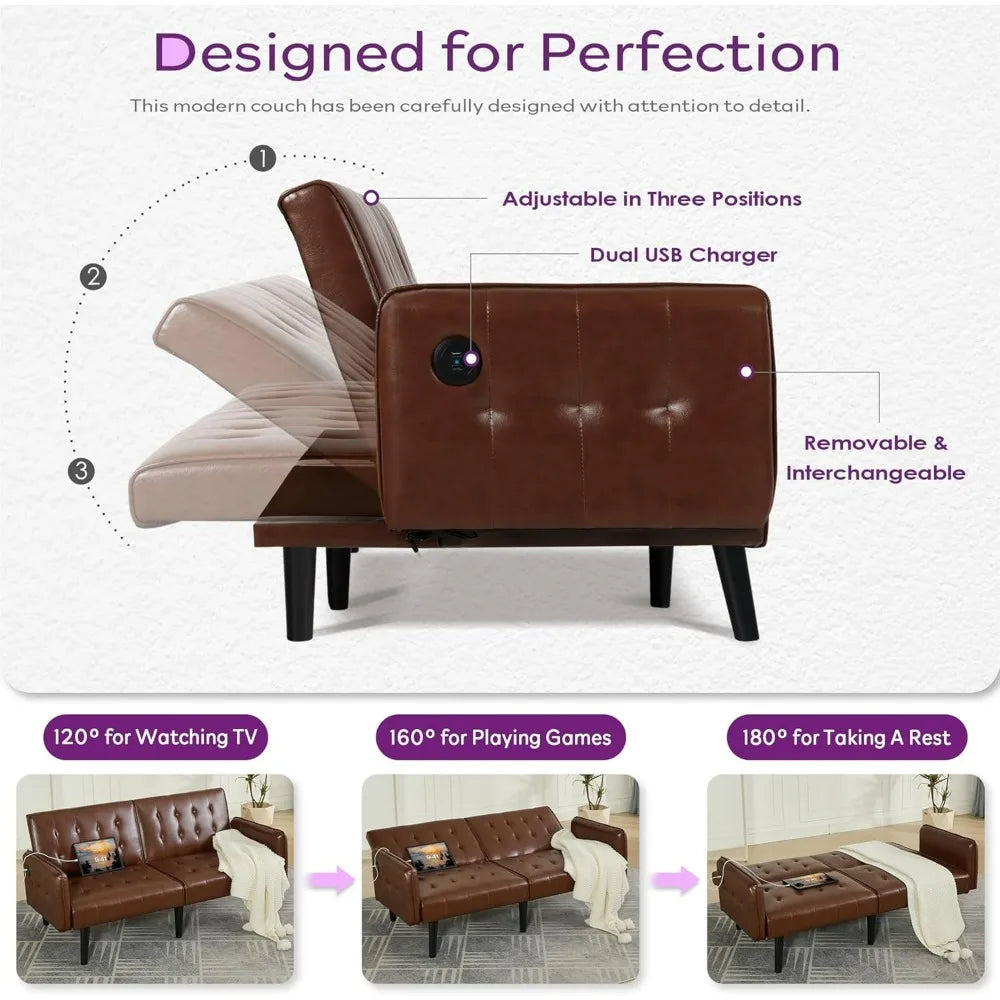 Convertible Synthetic Leather Futon Sofa Bed With USB Ports