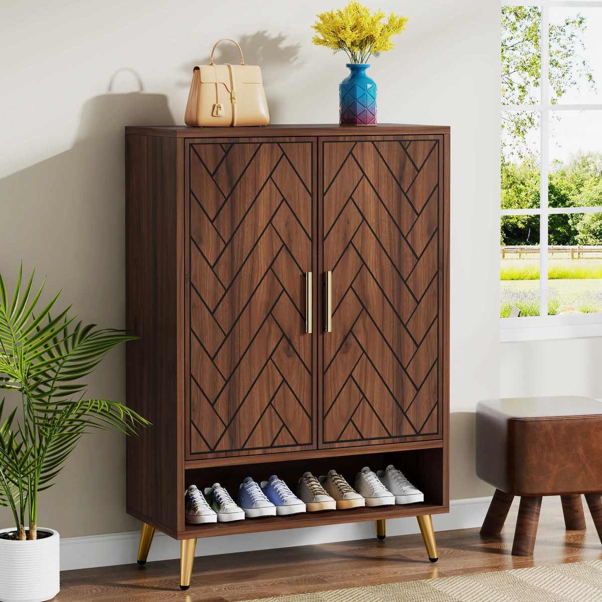 Tribesigns Tiered Wooden Shoe Cabinet Featuring Adjustable Shelves And Doors