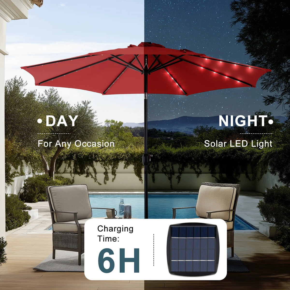 JHK Solar Patio Umbrella With LED Lights, Tilt And Crank
