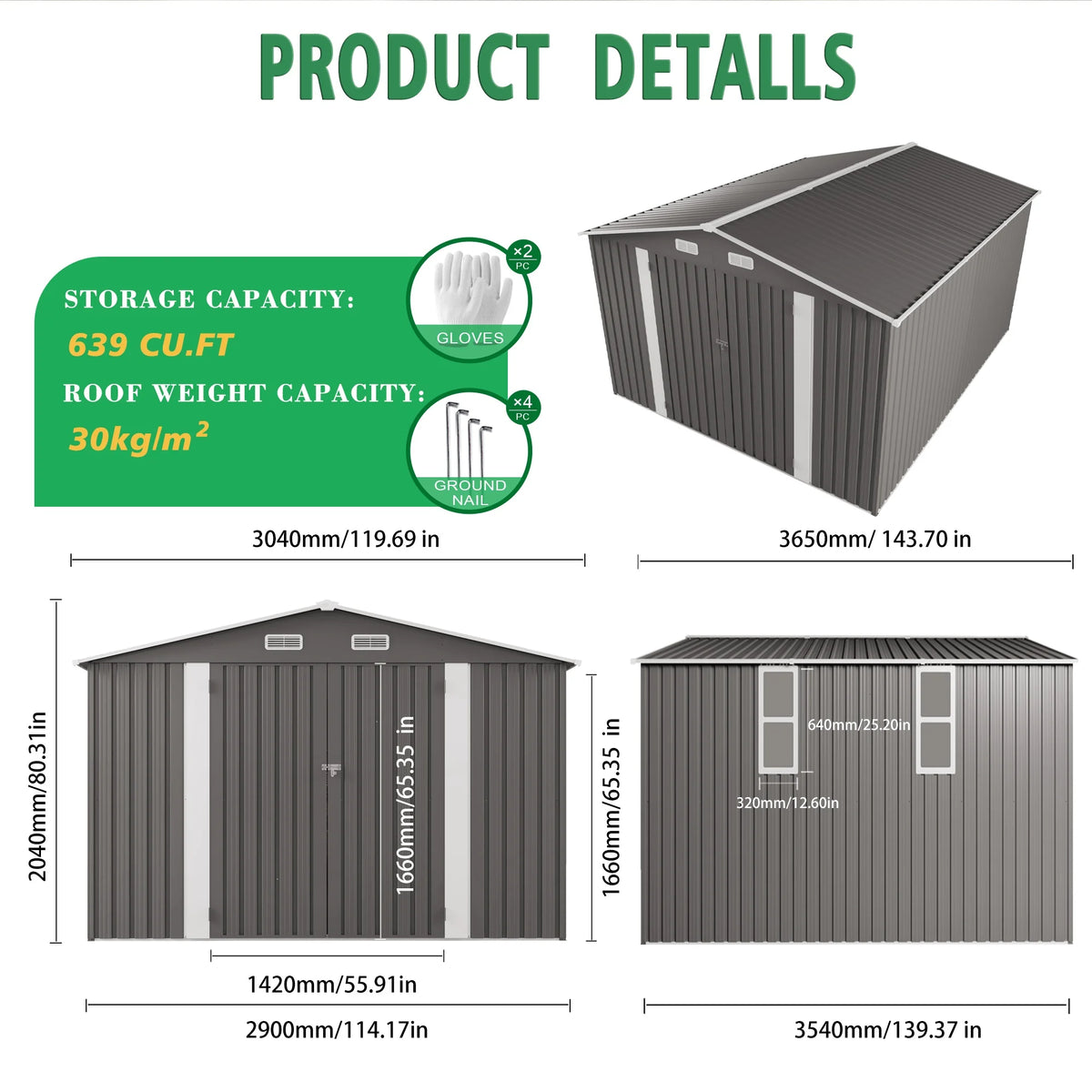 SUSUA Outdoor Metal Storage Shed With Double Doors And Windows
