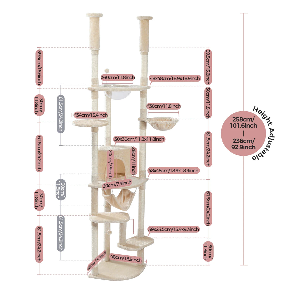 PAWZ Road Adjustable Floor To Ceiling Cat Tower With Hammock