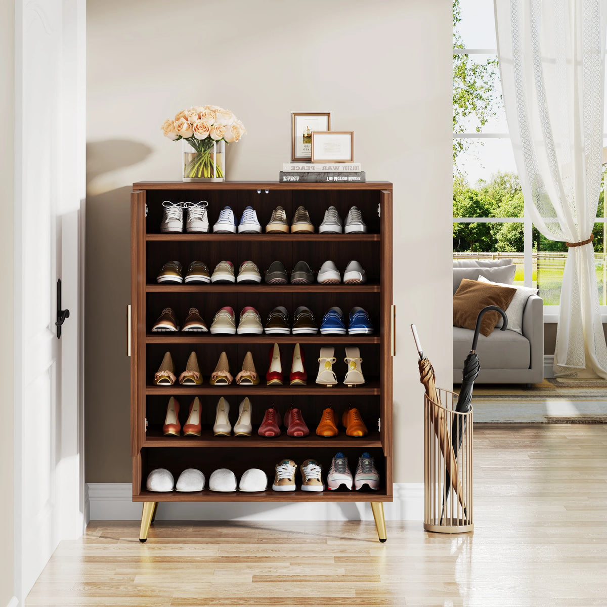 Tribesigns Tiered Wooden Shoe Cabinet Featuring Adjustable Shelves And Doors