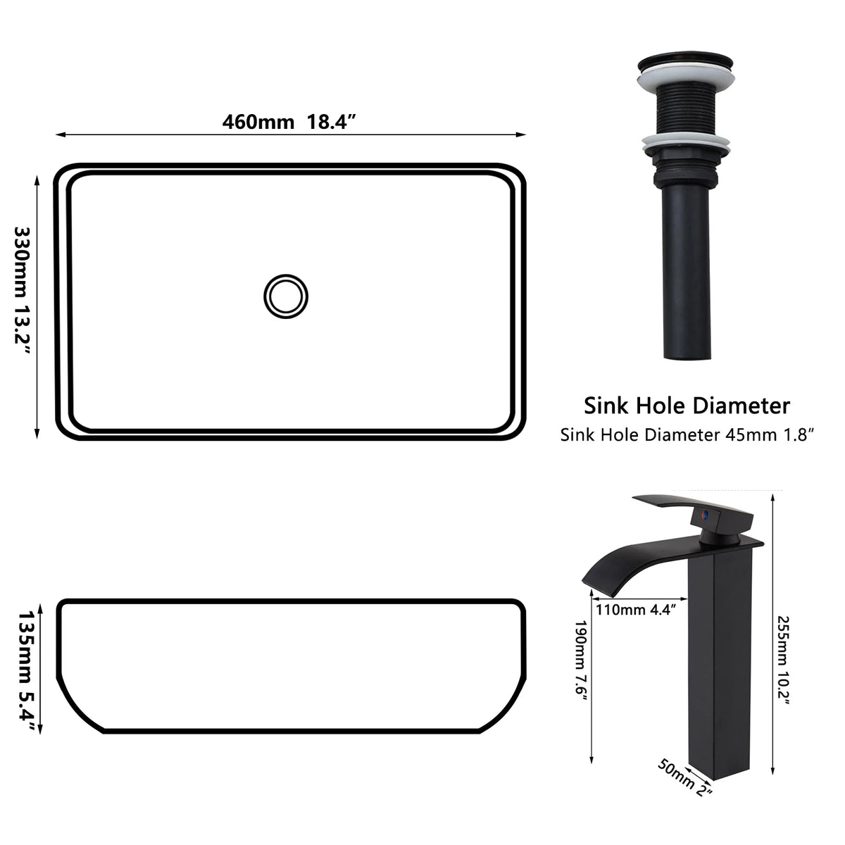Mekkhala Rectangular Ceramic Vessel Sink Basin With Faucet