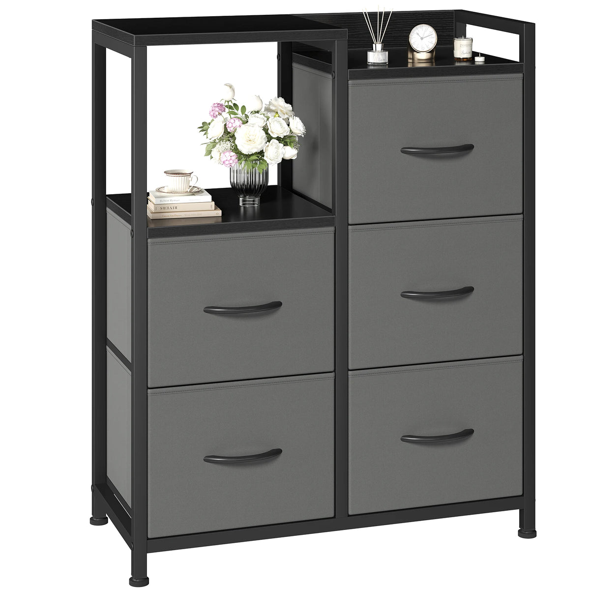 JHK Modern Fabric Drawer Chest With Metal Frame Raised Shelf
