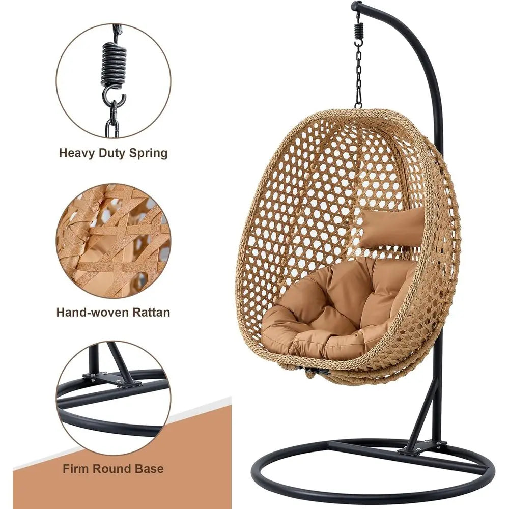 PE Rattan Hanging Egg Chair With Metal Stand And Cushion
