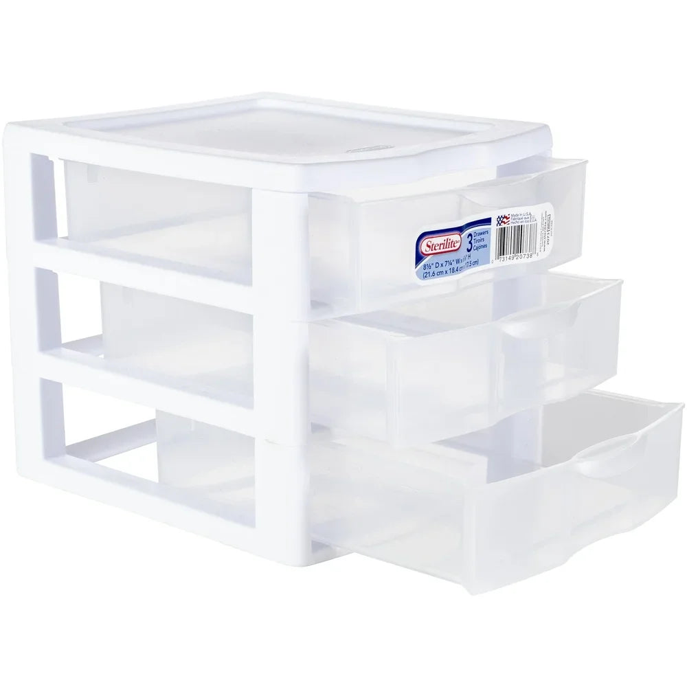 Stackable Three Drawer Plastic Storage Organizer With Clear Front Drawers