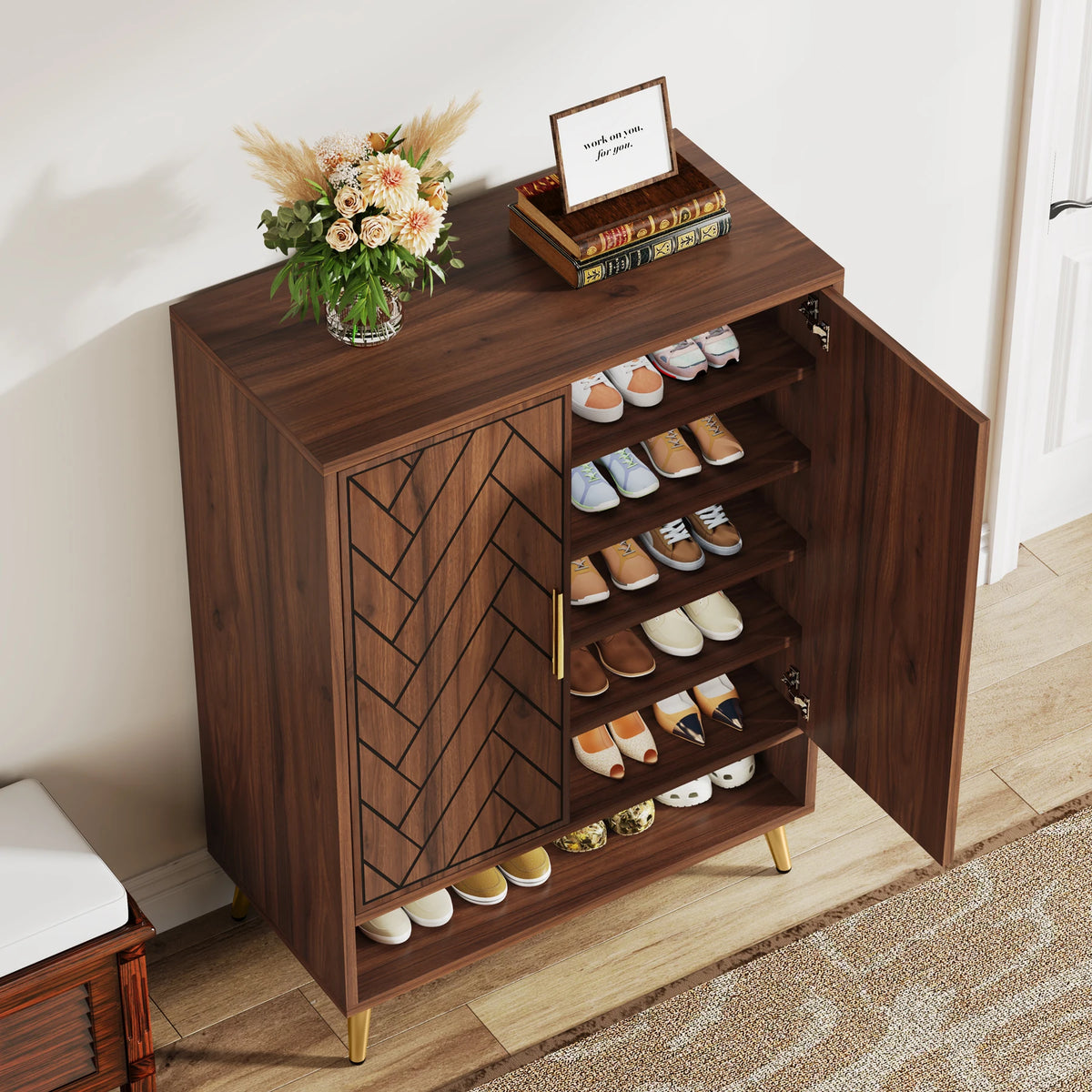 Tribesigns Tiered Wooden Shoe Cabinet Featuring Adjustable Shelves And Doors
