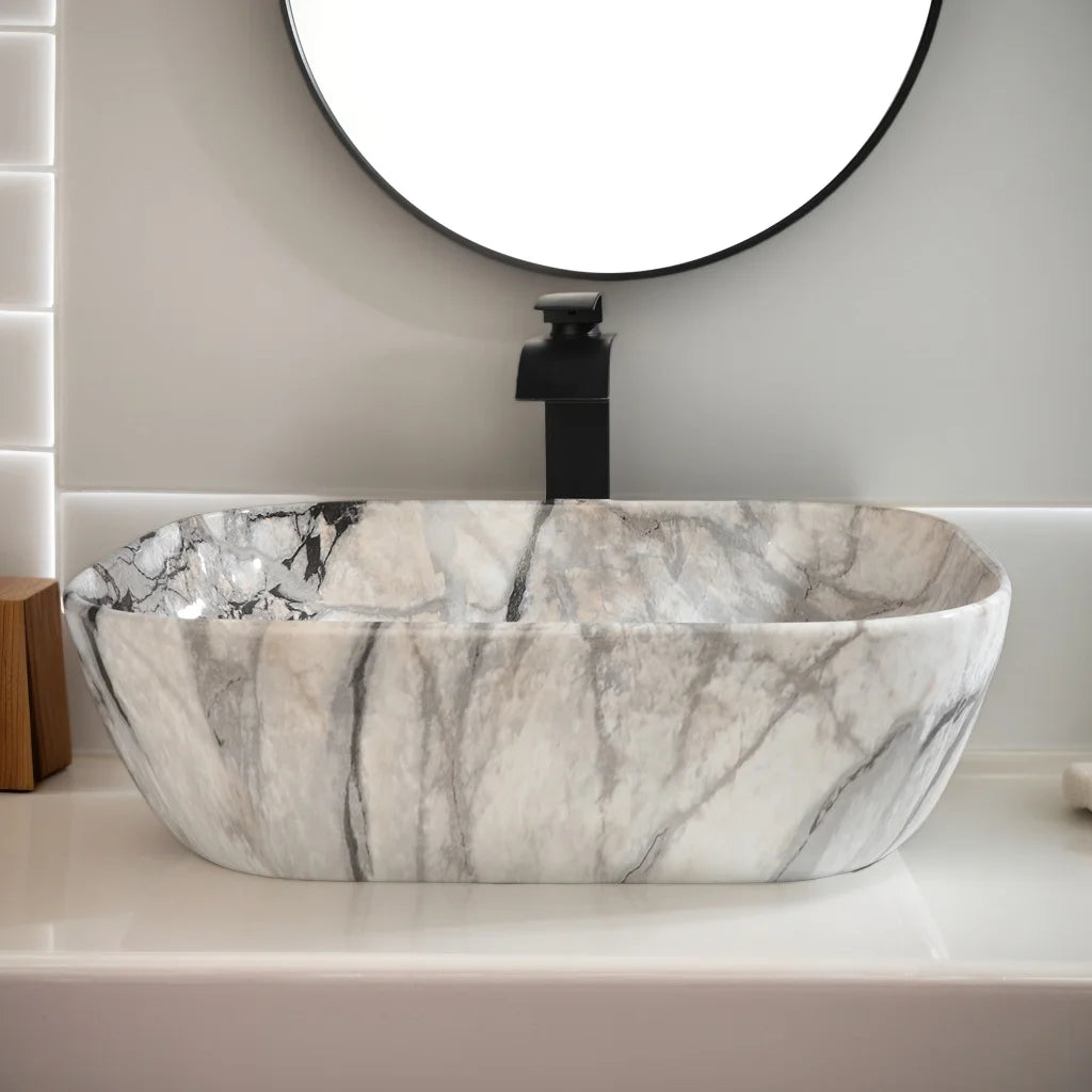 Mekkhala Rectangular Ceramic Vessel Sink Basin With Faucet