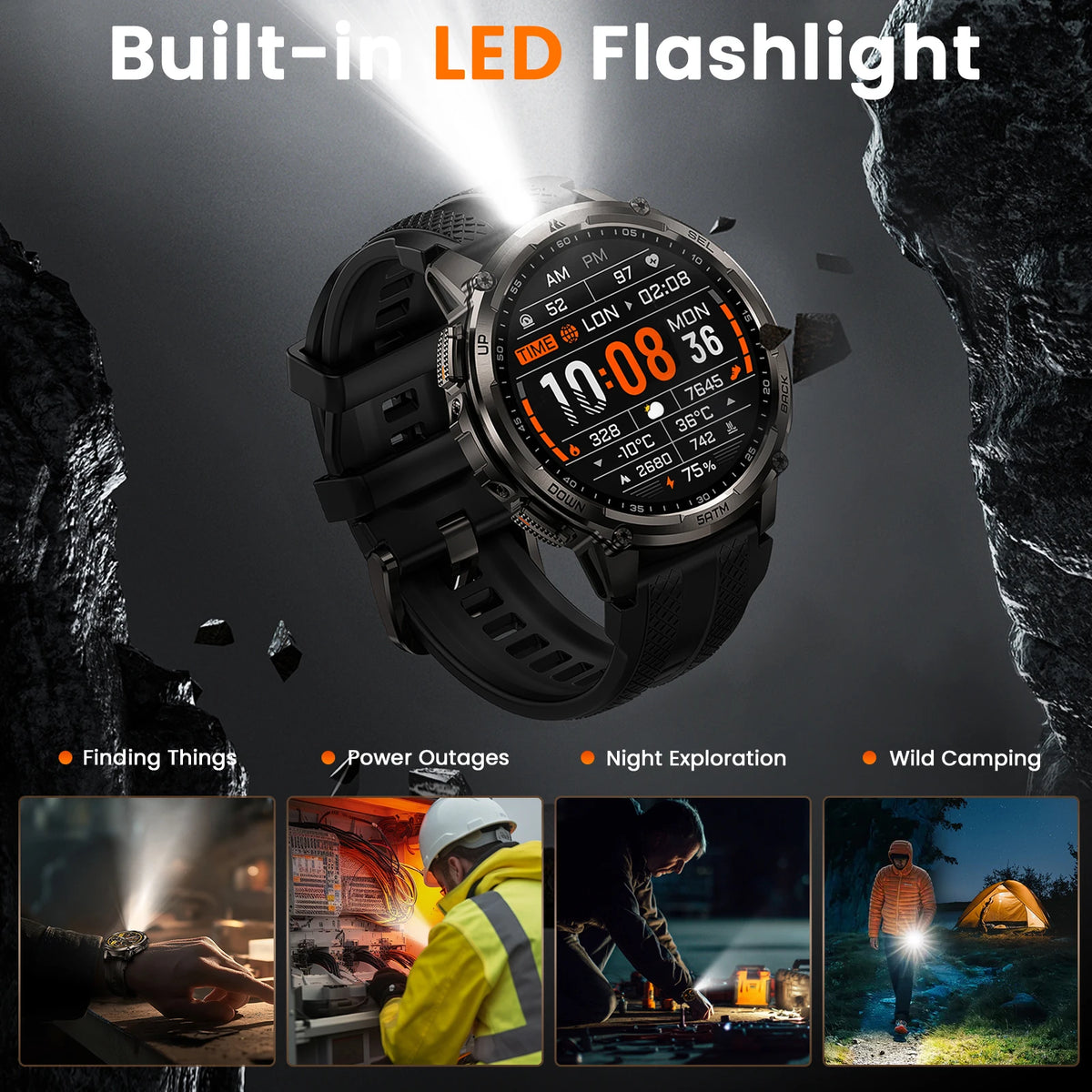 KOSPET Tank T4C Rugged Smartwatch With Dual Band GPS Flashlight