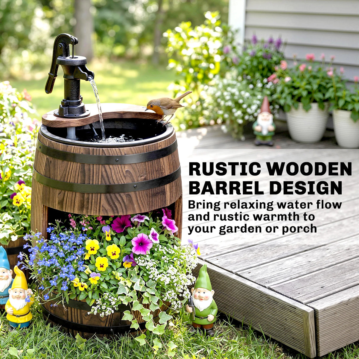Outsunny Wooden Water Pump Fountain for Garden Patio Decor