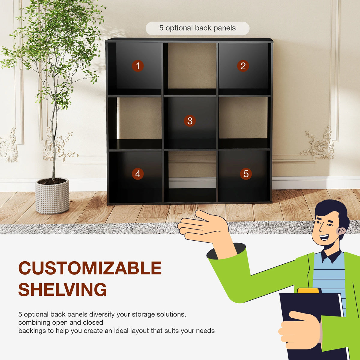 JHK Wooden Open Bookcase Storage Organizer Modern Minimalist Home