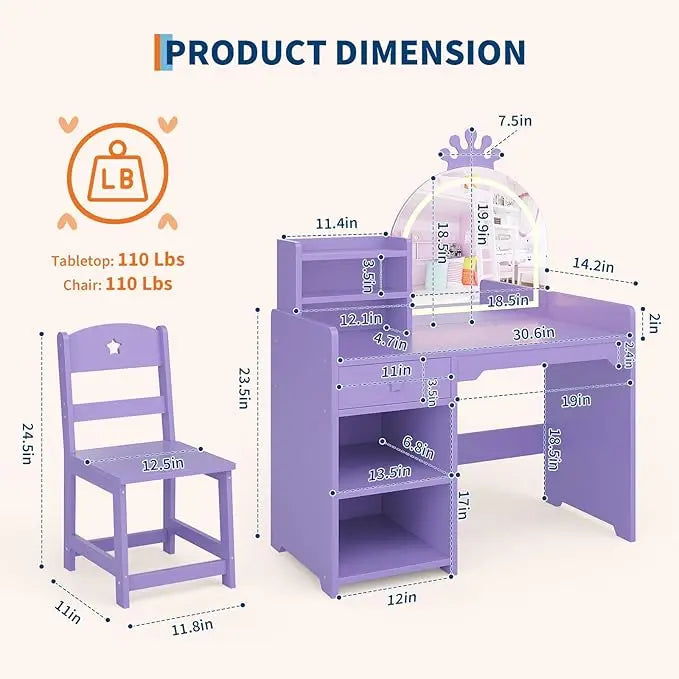 HiMISS Kids Vanity Desk With Built In Lighting And Chair