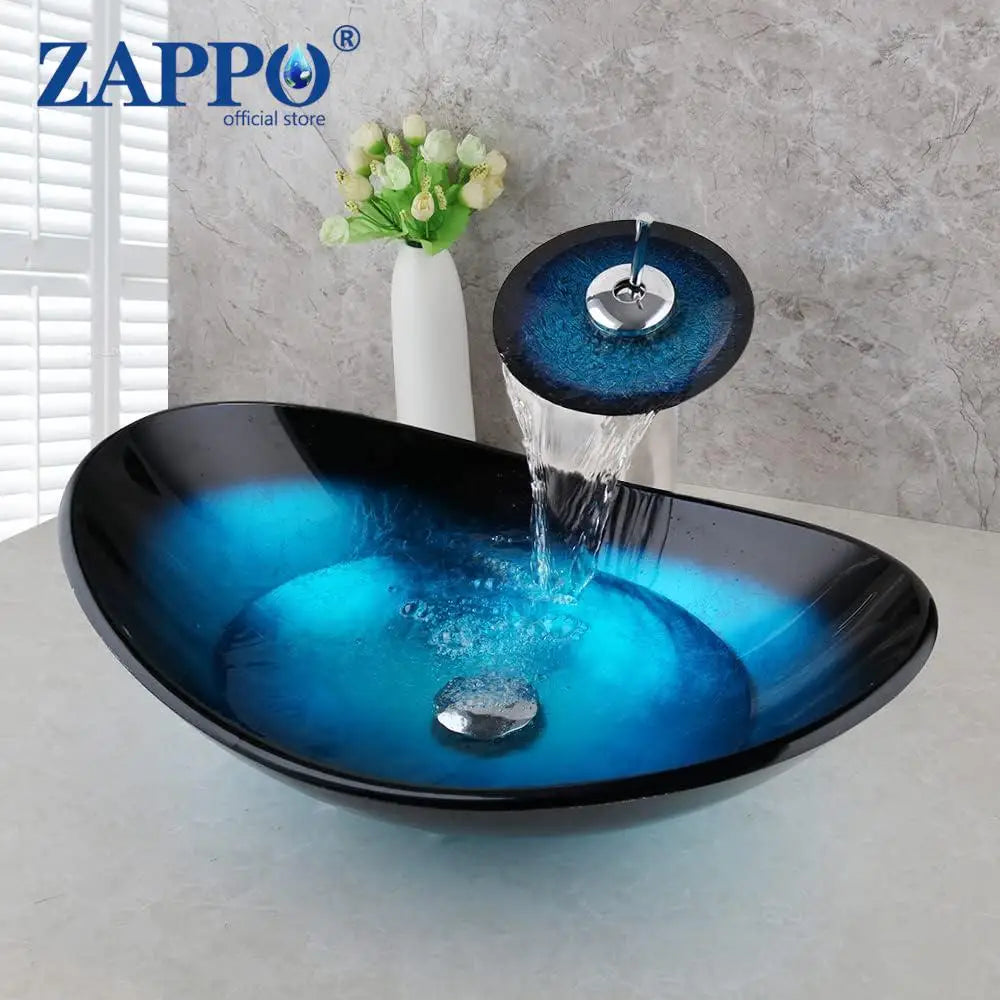 Mekkhal Tempered Glass Bathroom Oval Vessel Sink With Faucet