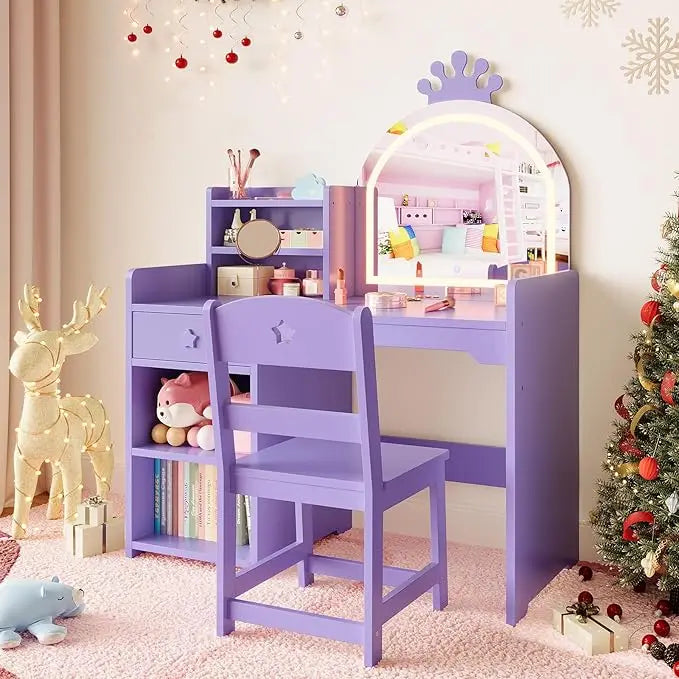 HiMISS Kids Vanity Desk With Built In Lighting And Chair