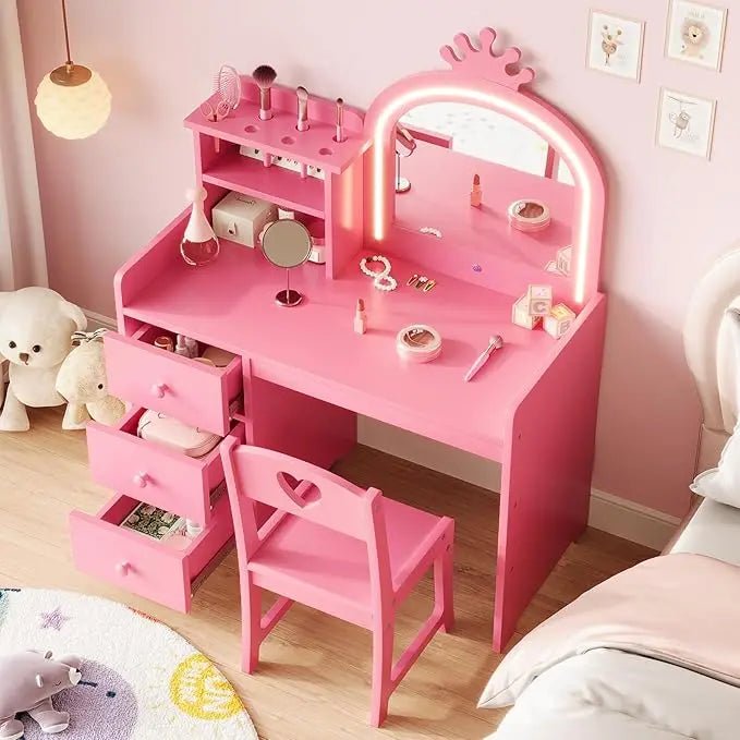 HiMISS Kids Vanity Desk With Built In Lighting And Chair