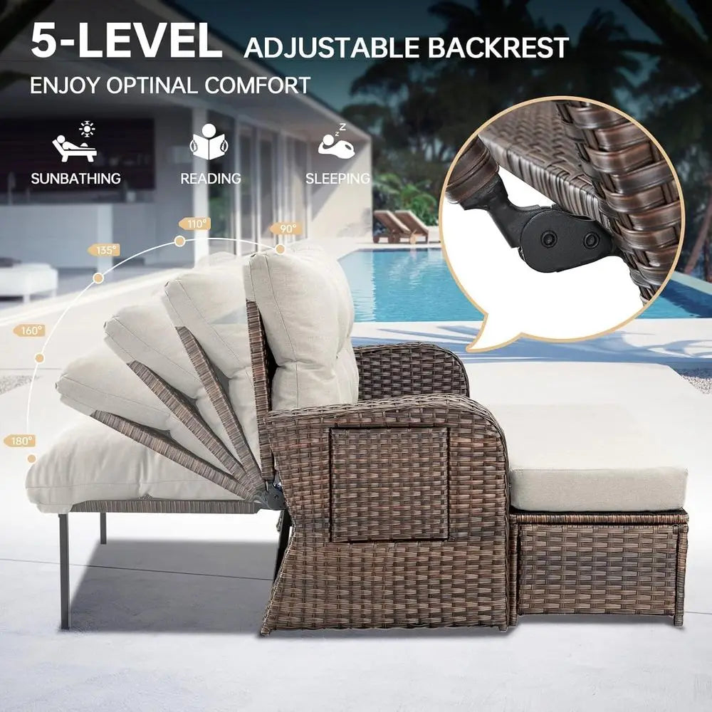 Outdoor Wicker Reclining Daybed With Stowable Side Tray