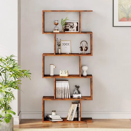 JHK Five Tier Wooden Geometric Bookcase Display Shelf