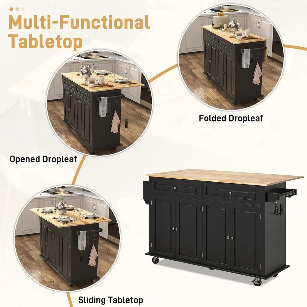 Bamboo Kitchen Island Cart With Rolling Wheels And Storage