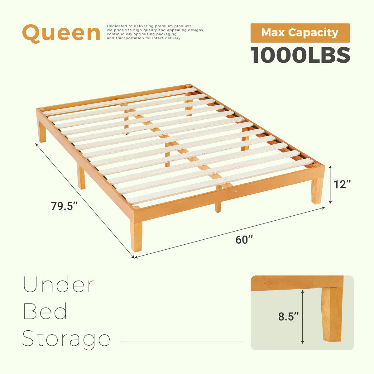 JHK Solid Wood Bed Frame With Sturdy Platform Slat Support
