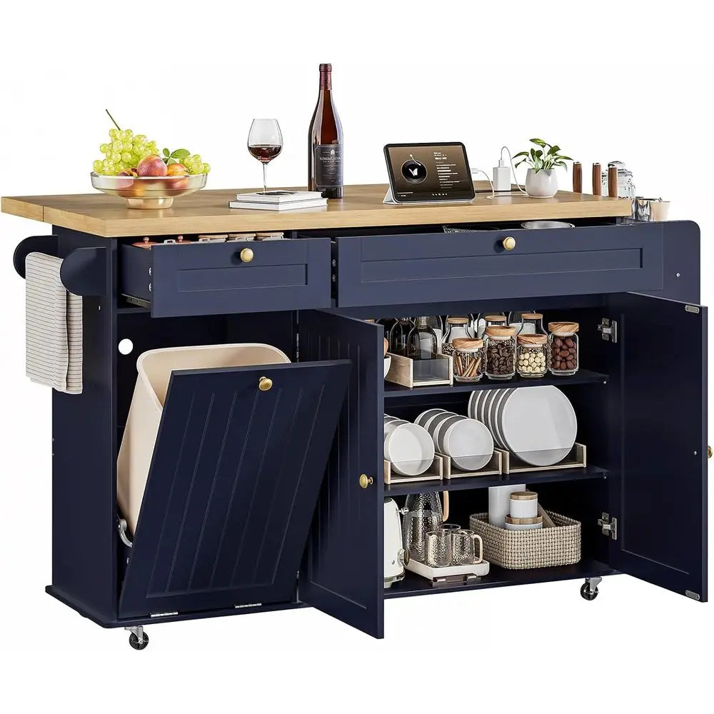 Mobile Kitchen Island With Adjustable Storage And Power Outlet