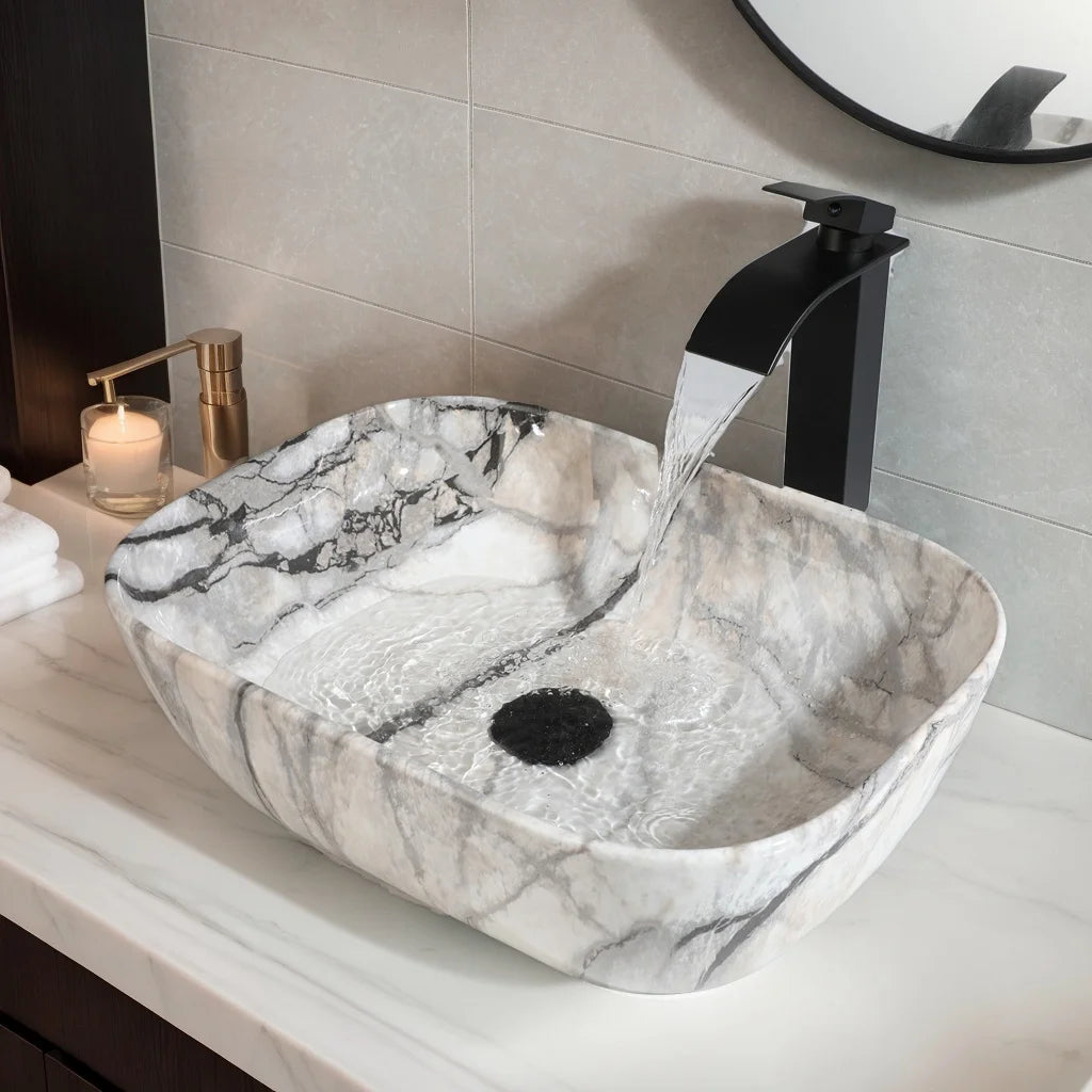Mekkhala Rectangular Ceramic Vessel Sink Basin With Faucet