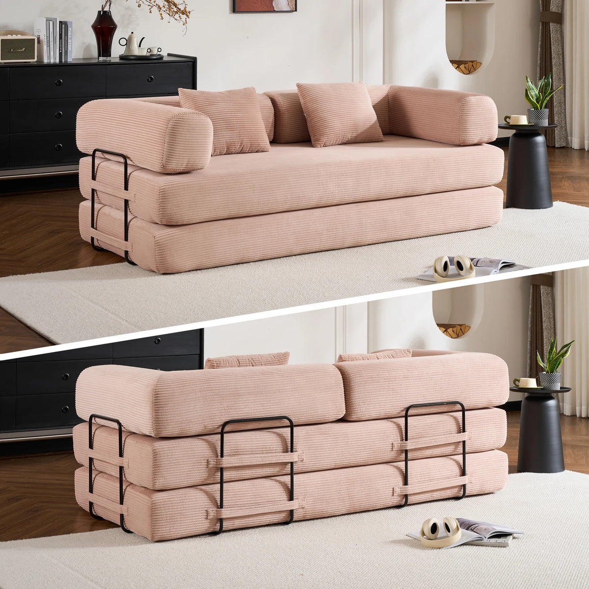 THOLASIS Folding Convertible Sofa Bed Velvet Futon Loveseat Living Room