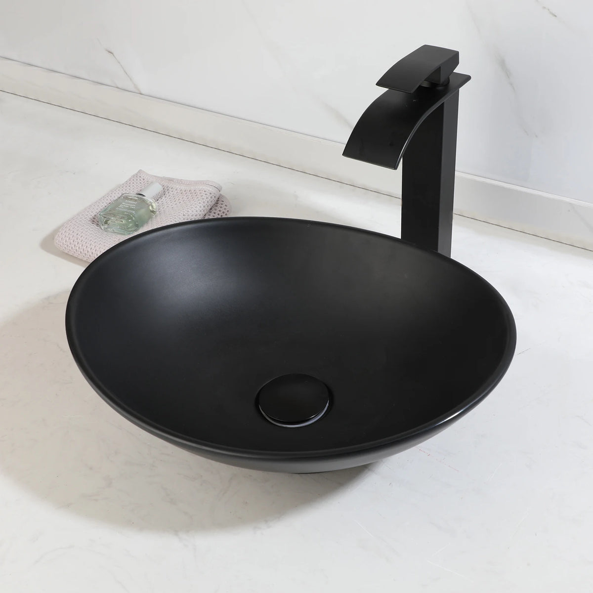 SINLAKU Oval Vessel Bathroom Sink Set With Waterfall Faucet