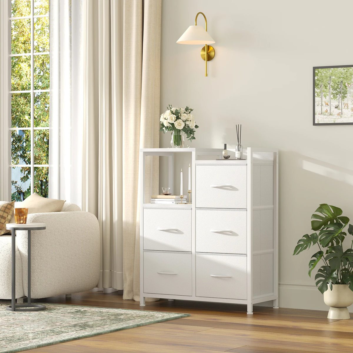 JHK Modern Fabric Drawer Chest With Metal Frame Raised Shelf