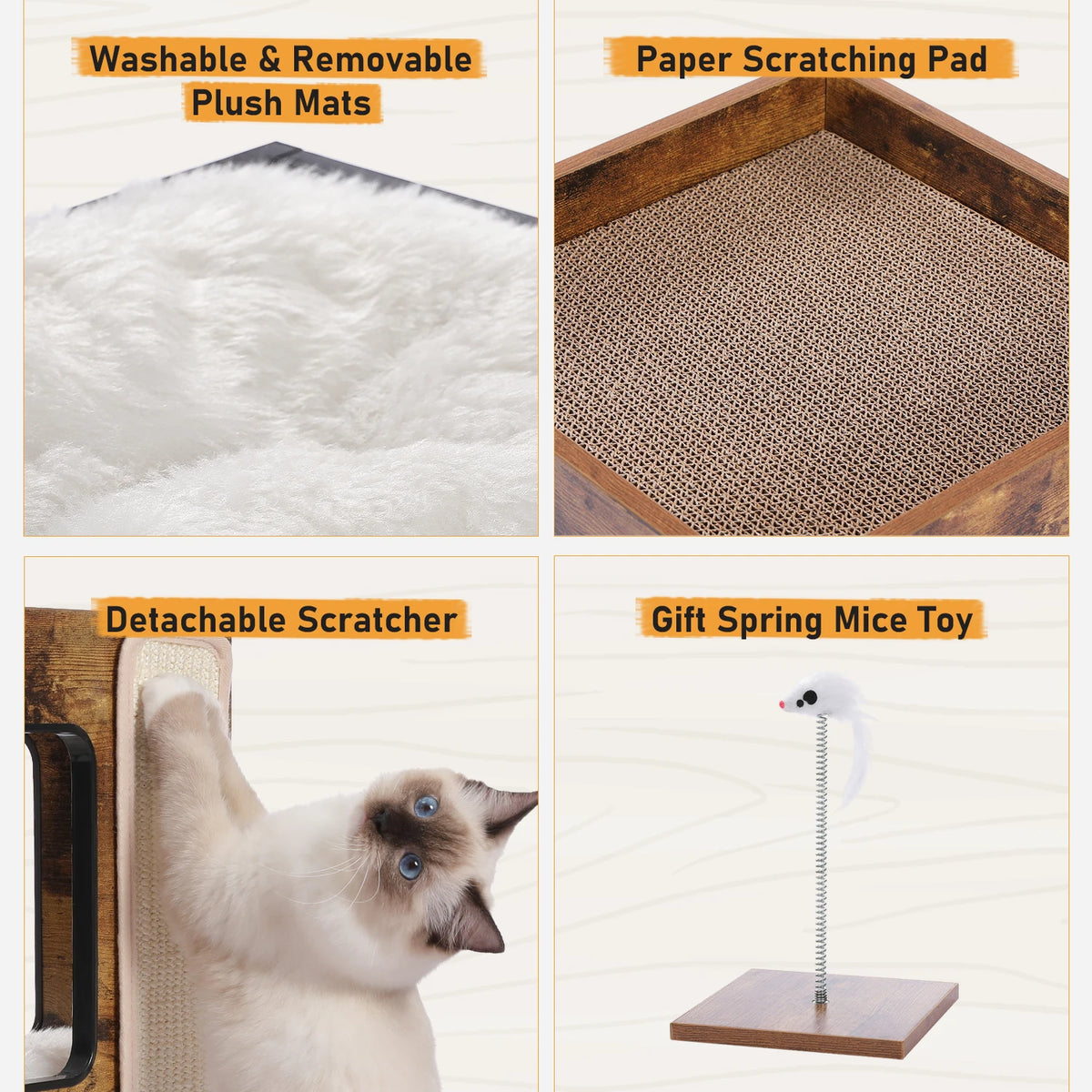 PAWZ Road Modern Wood Cat Condo Removable Mats Scratching Pad