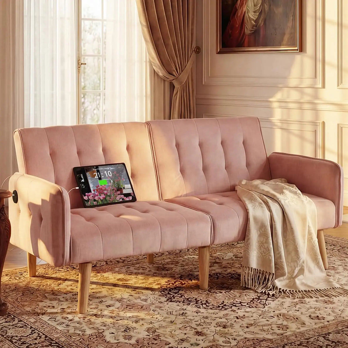Convertible Synthetic Leather Futon Sofa Bed With USB Ports