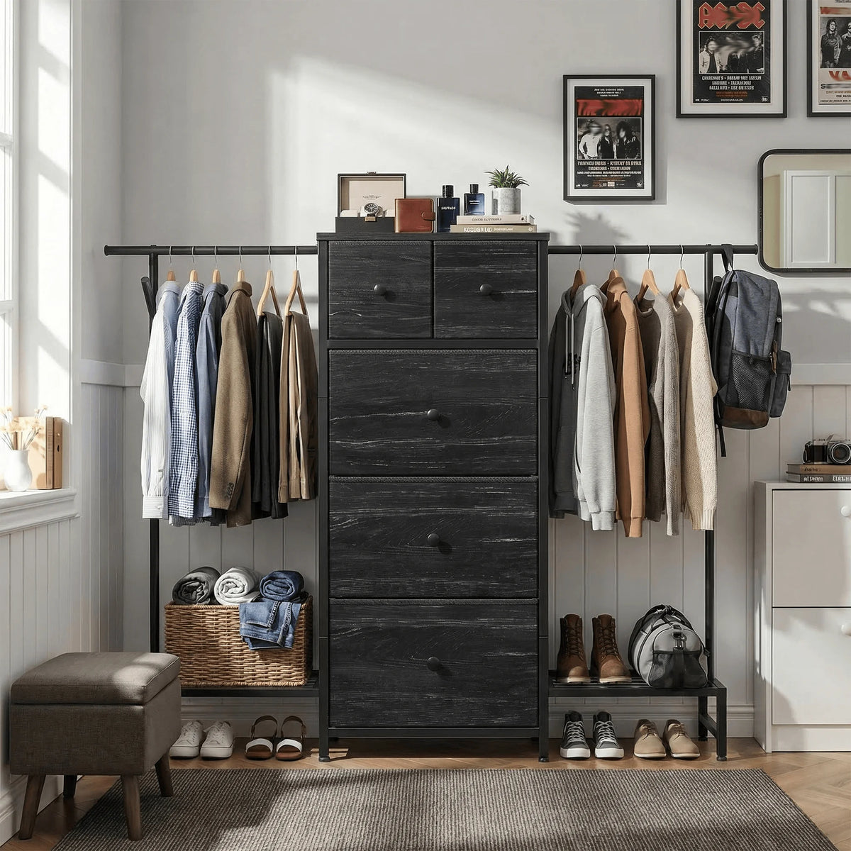 EnHomee Modern Dresser With Five Drawers And Hanging Rack