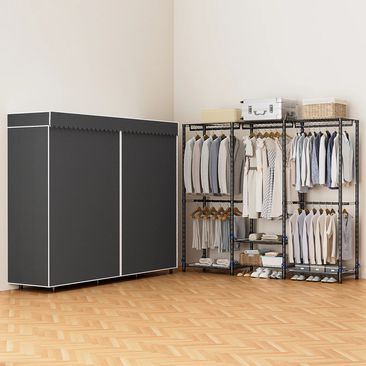 Freestanding Metal Clothes Rack And Heavy Duty Storage Organizer