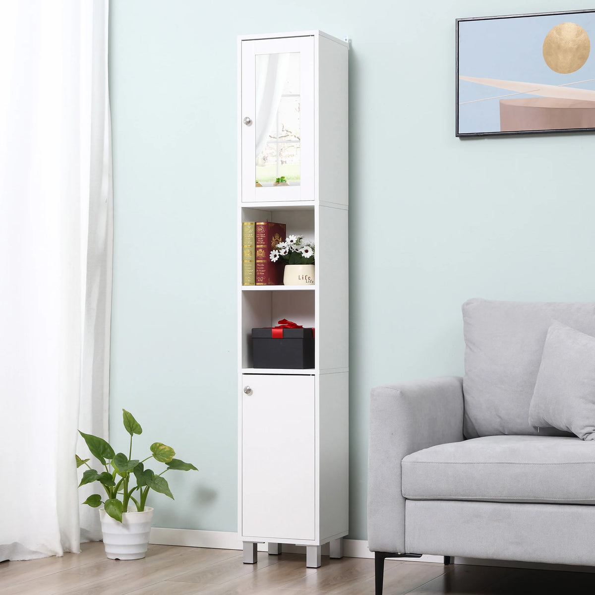 Kleankin Freestanding Bathroom Storage Cabinet With Mirror And Shelves