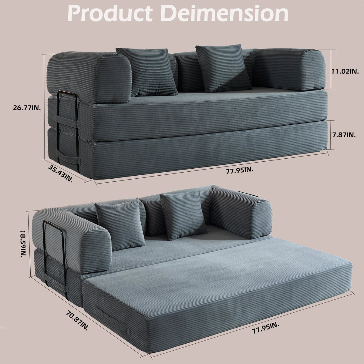 THOLASIS Folding Convertible Sofa Bed Velvet Futon Loveseat Living Room