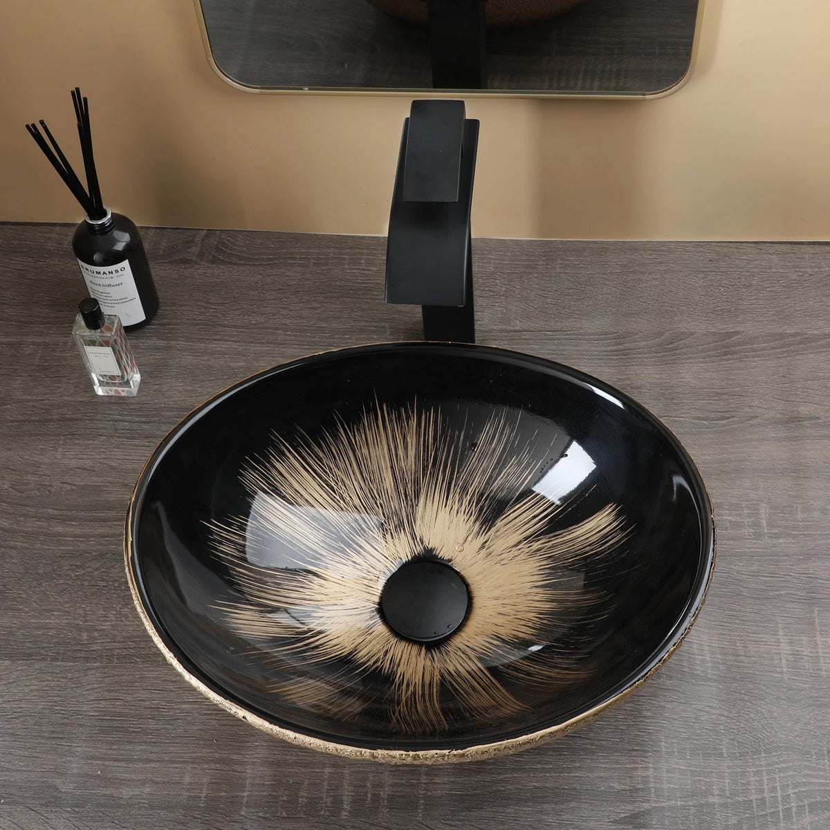 MEKKHALA Oval Ceramic Vessel Sink Set With Waterfall Faucet