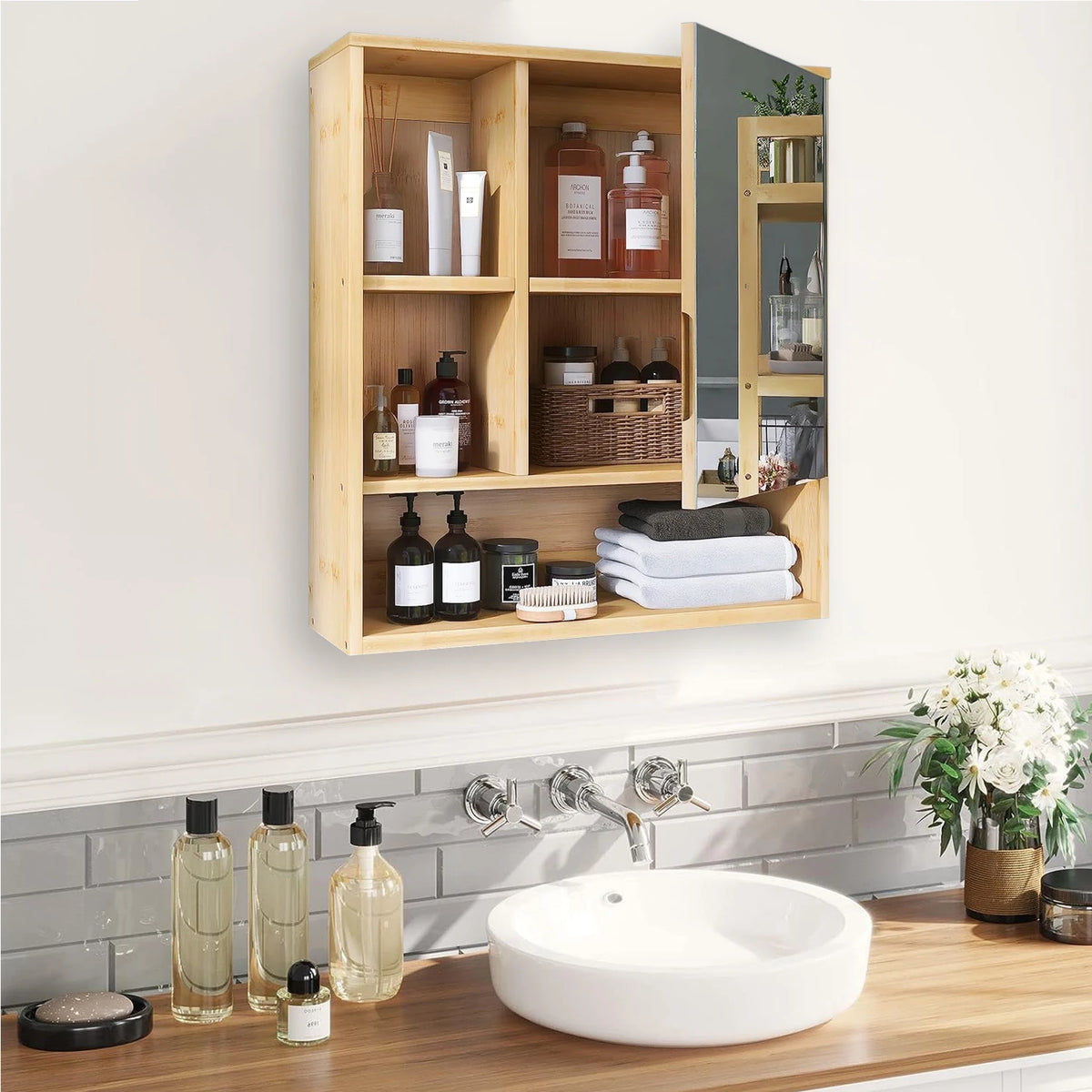 Wisfor Bamboo Wall Mounted Bathroom Cabinet With Mirror Medicine Storage