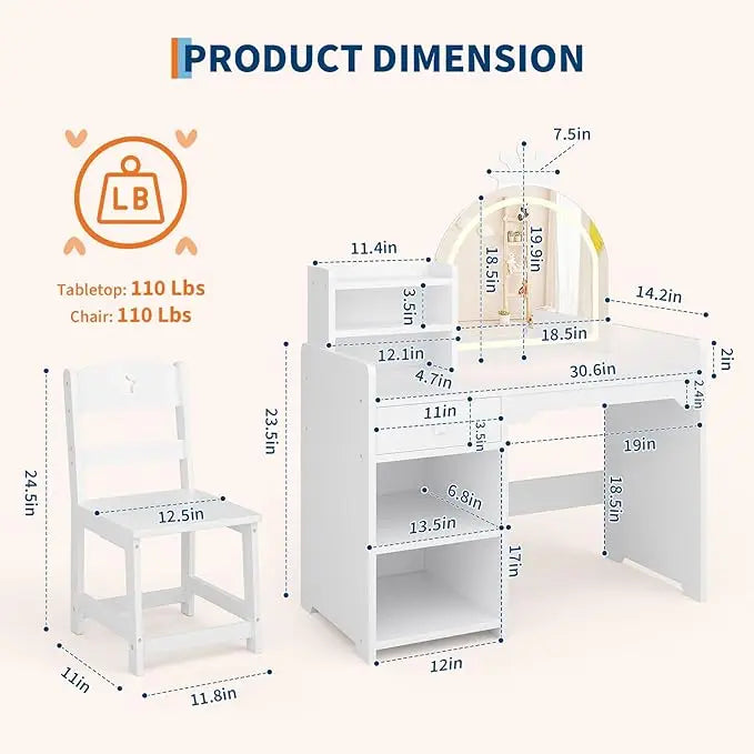 HiMISS Kids Vanity Desk With Built In Lighting And Chair