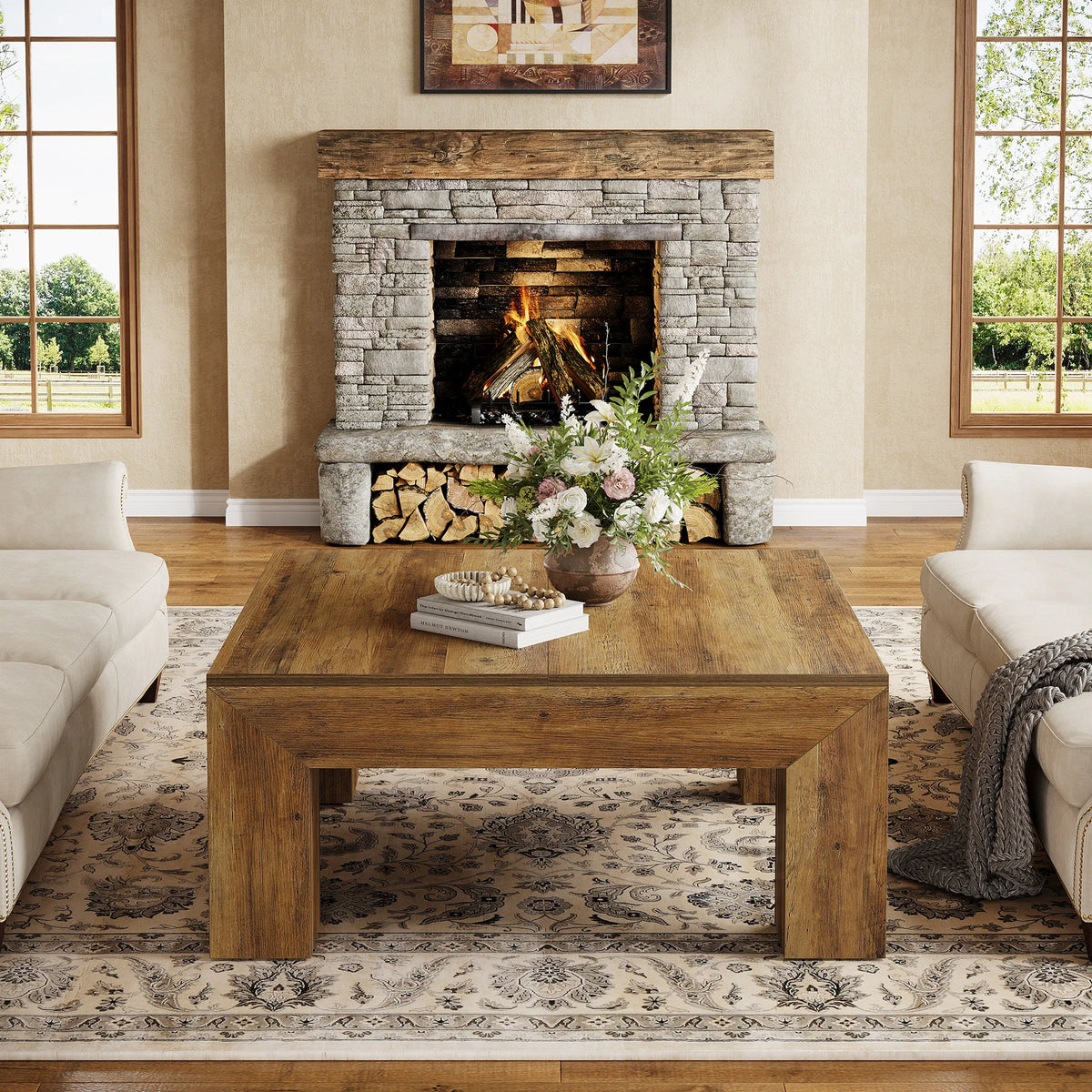 Tribesigns Farmhouse Square Coffee Table With Wooden Legs
