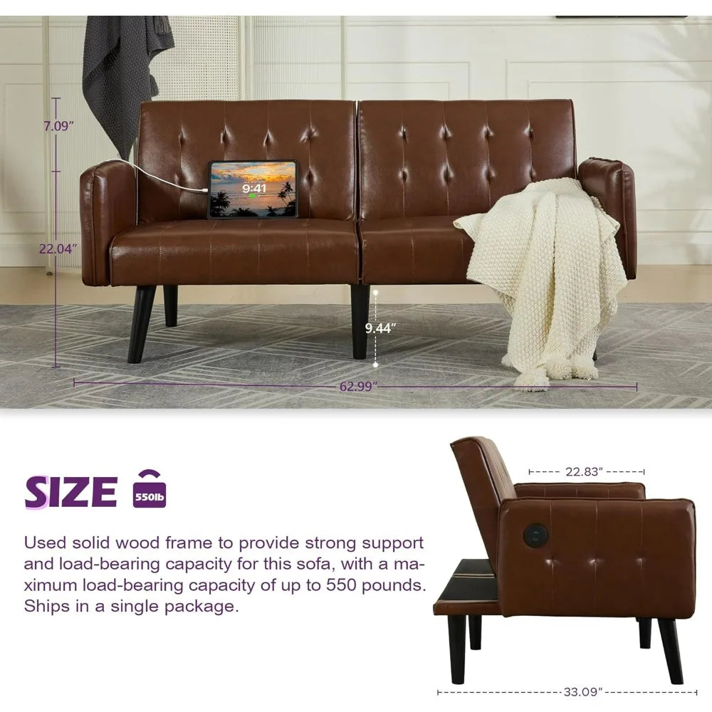 Convertible Synthetic Leather Futon Sofa Bed With USB Ports