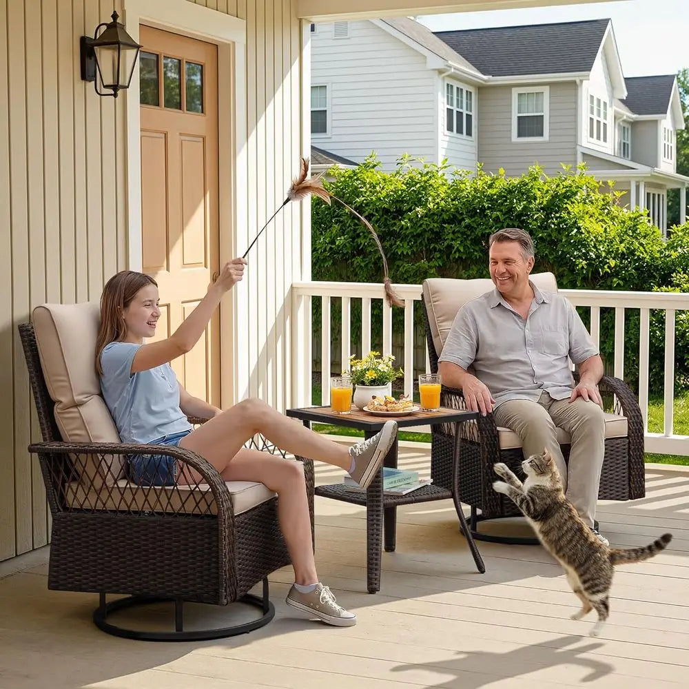 Three Piece Outdoor Patio Swivel Rocking Chair Set With Table