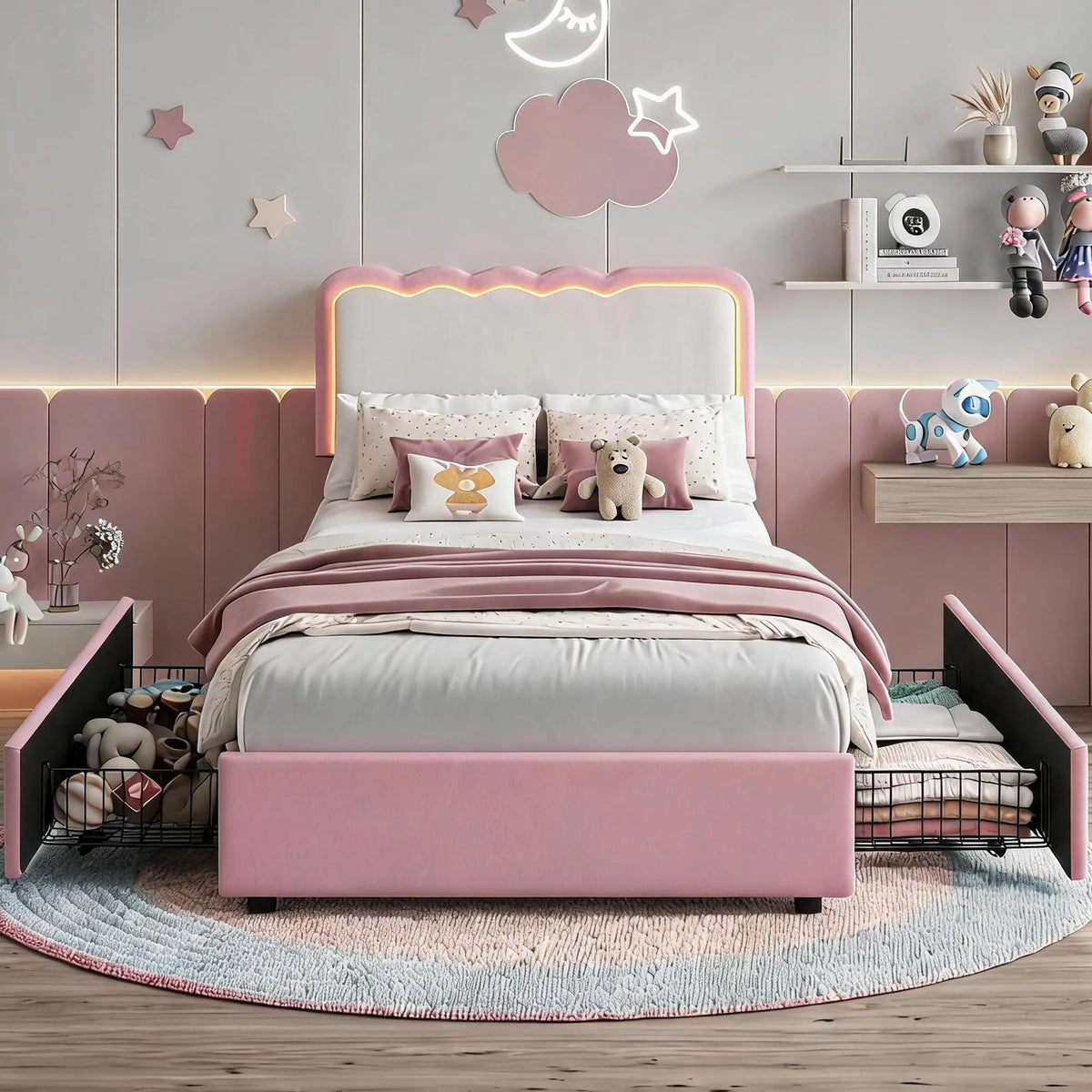 HiMISS Upholstered LED Platform Bed With Storage Drawers
