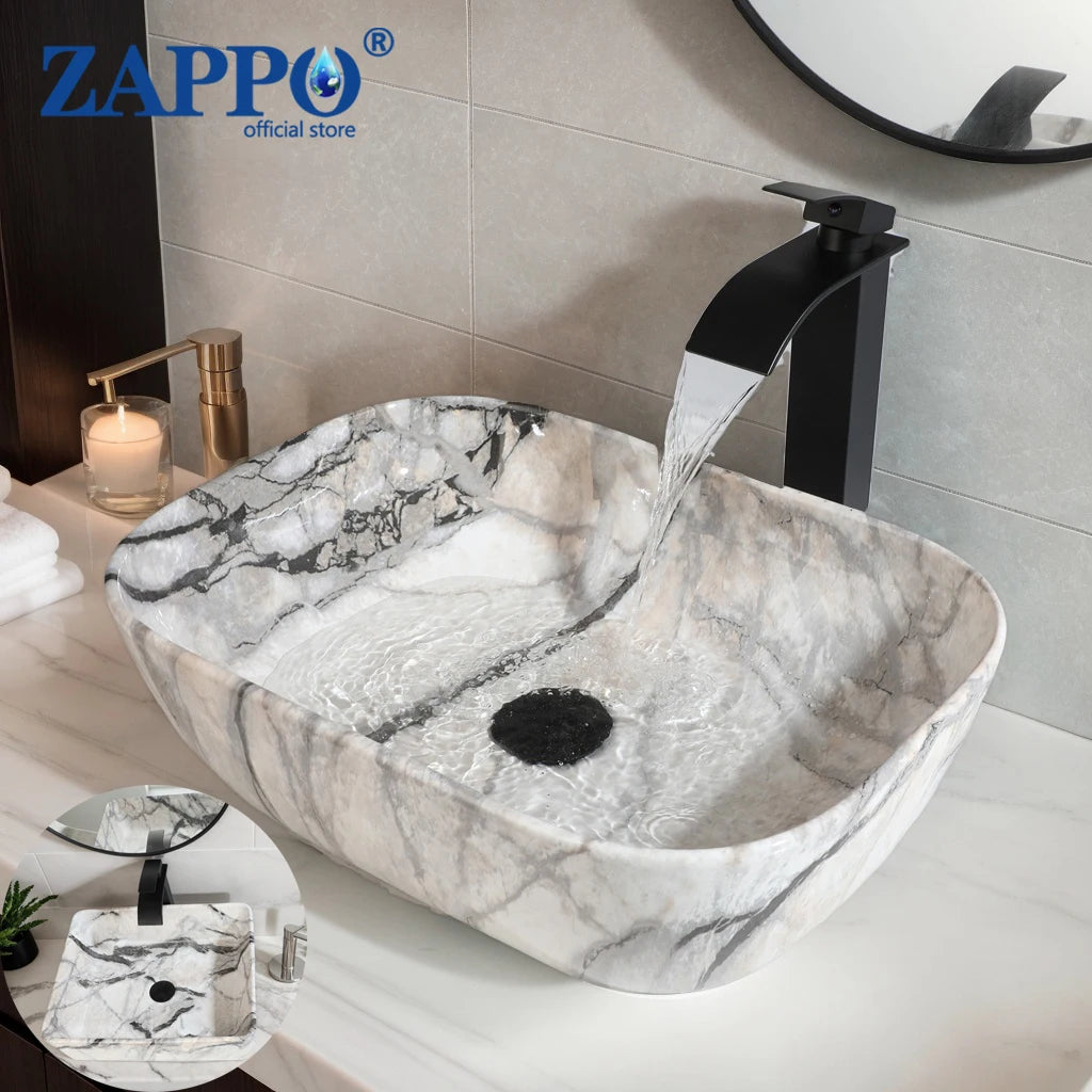 Mekkhala Rectangular Ceramic Vessel Sink Basin With Faucet