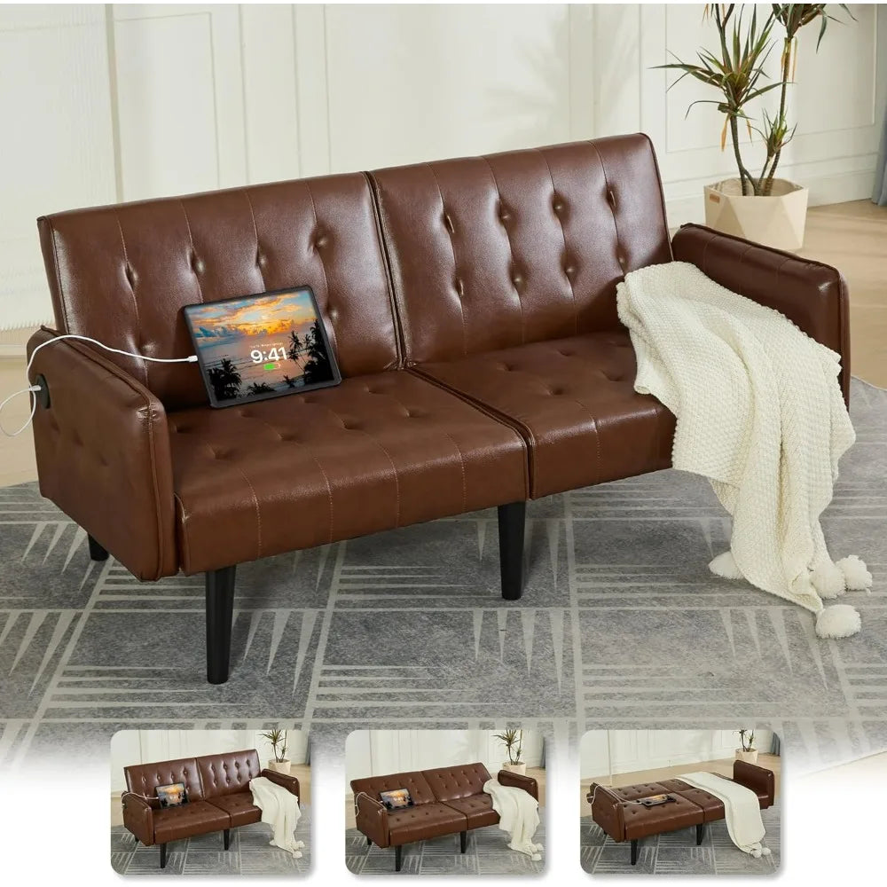 Convertible Synthetic Leather Futon Sofa Bed With USB Ports