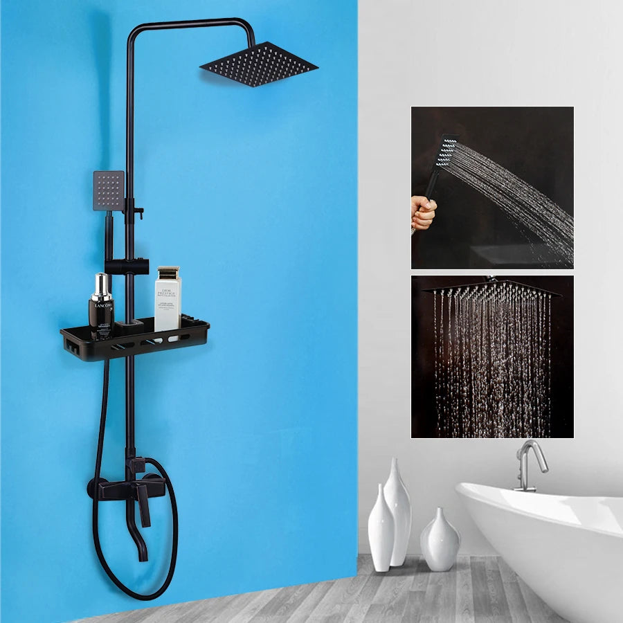 Sinlaku Wall Mount Shower Mixer With Rainfall Head And Shelf