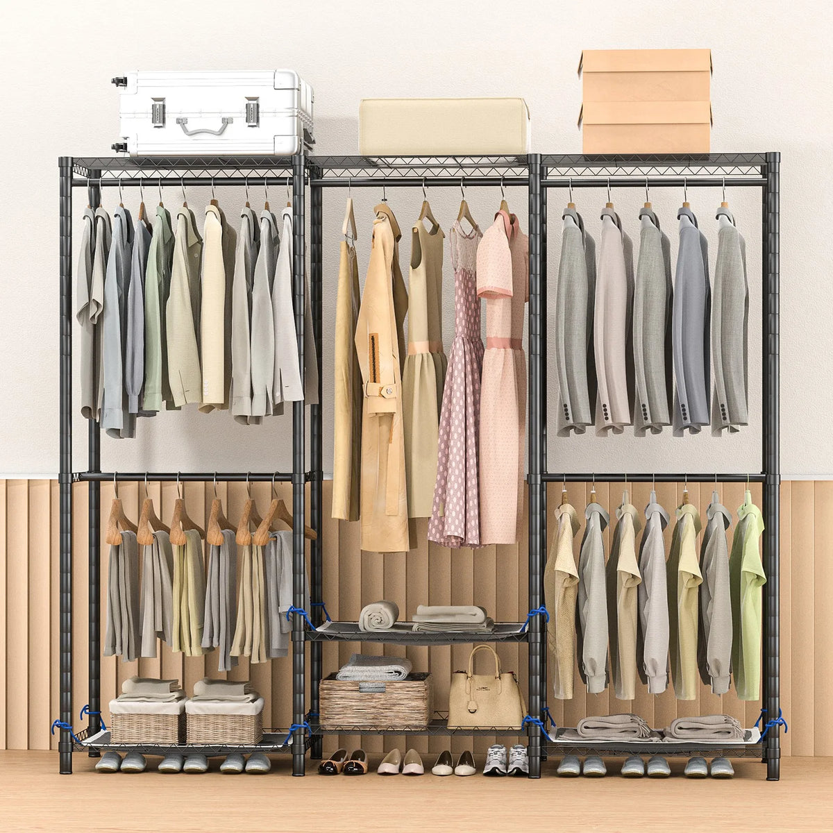 Freestanding Metal Clothes Rack And Heavy Duty Storage Organizer