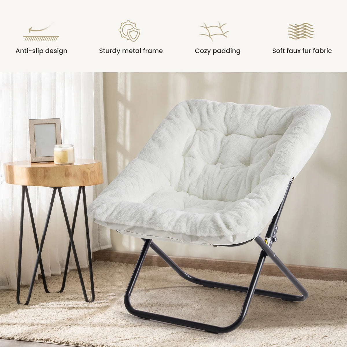 JHK Folding Faux Fur Saucer Chair For Cozy Lounge Seating