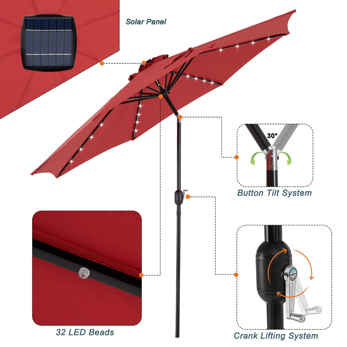 JHK Solar Patio Umbrella With LED Lights, Tilt And Crank