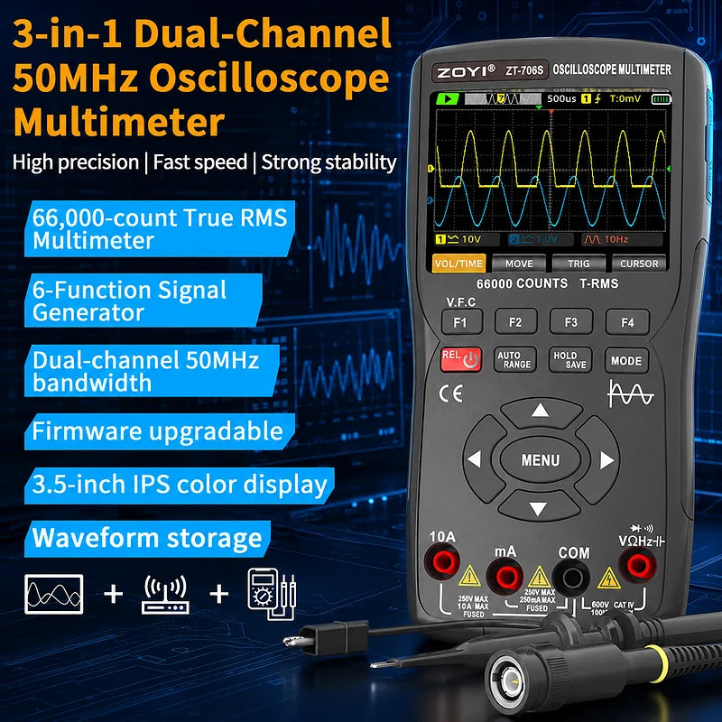 ZOYI Dual Channel 50MHz Handheld Oscilloscope Multimeter